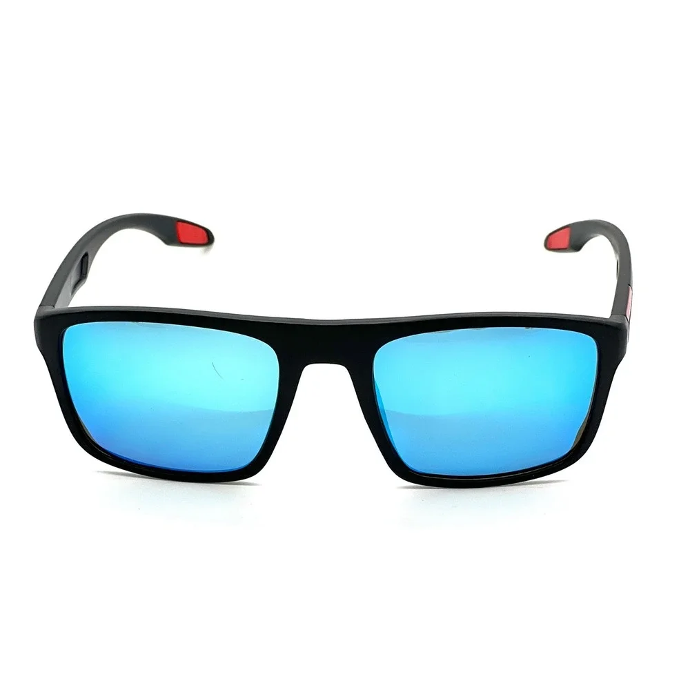Mens Square Sunglasses Black Frame Blue Mirrored Lens Accents Outdoor Work Gafas